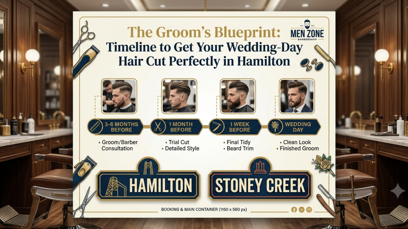 Men Zone Barbershop cover graphic outlining the Groom's Blueprint wedding haircut timeline in Hamilton and Stoney Creek.