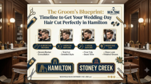 Men Zone Barbershop cover graphic outlining the Groom's Blueprint wedding haircut timeline in Hamilton and Stoney Creek.