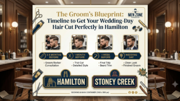 Men Zone Barbershop cover graphic outlining the Groom's Blueprint wedding haircut timeline in Hamilton and Stoney Creek.