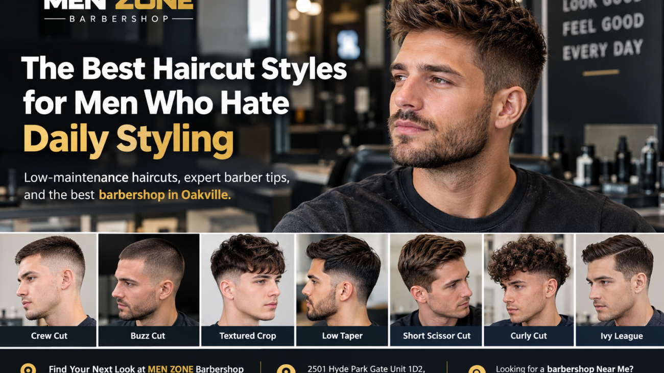 Best low-maintenance men's haircut styles, including crew cut, buzz cut, textured crop, low taper, and curly cut at MEN ZONE Barbershop in Oakville.